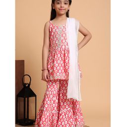 Aspriya Rayon Woven Sleeveless Floral Printed & Gota Lace Embellished Kurti Sharara With Dupatta Set - Peach-image-30