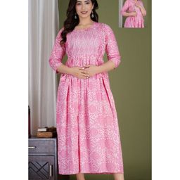 NEVISHA STYLE Cotton Woven Three Fourth Sleeves Floral Printed Maternity Kurta With Nursing Access - Pink-image-84