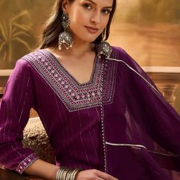 Sangria Women's Purple Woven Design & Embroidered Cotton Blend Straight Kurta Pant Dupatta Set-image-93