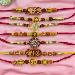 GADINFASHION Set Of 7 Beaded Shri Swastik OM Rakhis with Roli & Chawal Gift Set-image-74