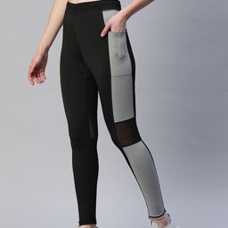 Blinkin Women Black & Grey Colourblocked Rapid Dry Tights with Mesh Panels & Side Pockets-image-81
