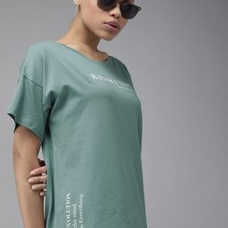 The Roadster Lifestyle Co Women Sage Green Typography Printed Pure Cotton Loose T-shirt-image-72