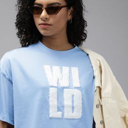 Roadster Women Blue & White Printed Drop-Shoulder Sleeves Boxy T-shirt-image-74