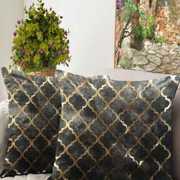 Blue Grass Grey & Gold-Toned 2 Pieces Geometric Printed Velvet Square Cushion Covers-image-62