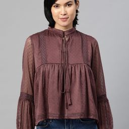 plusS Mauve Self Design Tie-Up Neck Bishop Sleeves Georgette Top-image-113