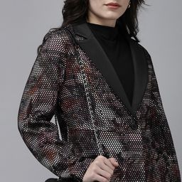 KASSUALLY Women Black & Purple Self-Designed Scuba Relaxed Fit Single-Breasted Blazer-picture-30
