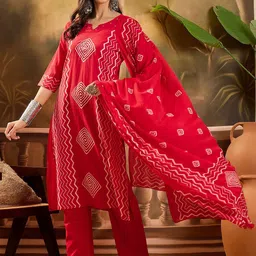 Sangria Geometric Printed Notch Neck Pure Cotton Straight Kurta With Trousers & Dupatta-15