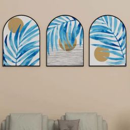 Art Street Blue & Gold Ocean Fronds Tropical Leaf Mdf Decorative Wall Art - Set of 3-image-8