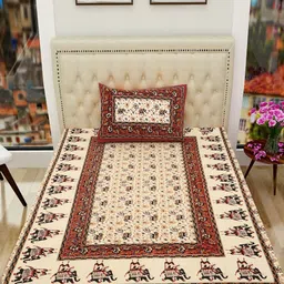 POORAK Brown & Beige Jaipuri Print 104 TC Single Cotton Bedsheet Set 2.74 m x 2.74 m-image-7
