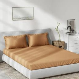 DDecor Solid Orange 180 TC Cotton King Fitted Bed Sheet With 2 Pillow Covers-image-95