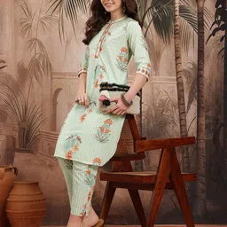 Sangria Striped & Floral Print Pure Cotton Kurta with Trousers-image-27