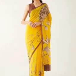 Taneira Yellow Floral Print Saree With Unstitched Blouse-image-13