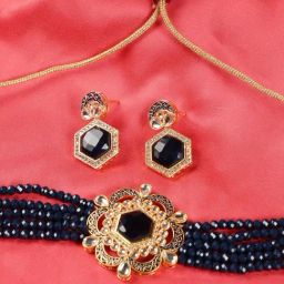 Aatmana White & Blue Kundan Gold-Plated Choker Necklace Set for Women-image-67