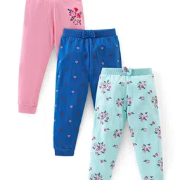 Babyhug Cotton Knit Full Length Lounge Pant Floral & Heart Print Pack of 3 - Pink & Blue-picture-33