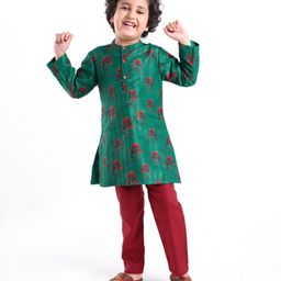 Babyhug Cotton Woven Full Sleeves Lurex Kurta & Pajama Set Floral Print - Green & Maroon-image-96