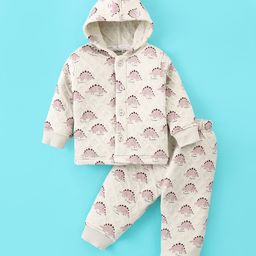 Doreme Cotton Knit Full Sleeves Winter Wear Hooded Night Suit With Dino Print - Grey-image-34