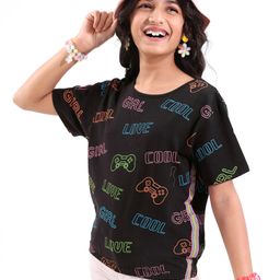 Pine Kids 100% Cotton Half Sleeves Top All Over Text Printed - Jet Black-image-61