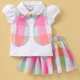 ToffyHouse Half Sleeves Top & Skirt Checkered - White Orange & Pink-picture-36