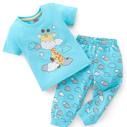 Babyhug Single Jersey Cotton Knit Half Sleeves Night Suit With Giraffe Print - Blue-image-97