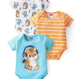 Babyhug 100% Cotton Knit Half Sleeves Onesies with Tiger Print Pack Of 3 - Multicolor-image-79