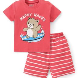Babyhug Single Jersey Half Sleeves Night Suit Bear Print - Red-image-31