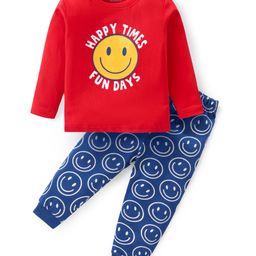 Babyhug Cotton Knit Full Sleeves Night Suit with Smiley & Text Print - Red & Navy Blue-image-68