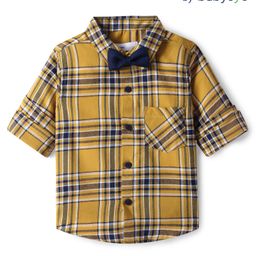Babyoye 100% Cotton Knit Full Sleeves CheckeredParty Shirt with Bow - Yellow-image-65
