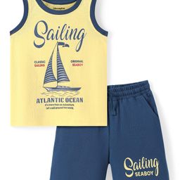 Honeyhap Premium 100% PremiumCotton Knit Sleeveless Shorts SetsWith Bio Finish - Sun Shine & Sailor Blue-picture-36