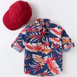 Rikidoos Full Sleeves Leaves Printed Shirt With Cap - Navy Blue-picture-16