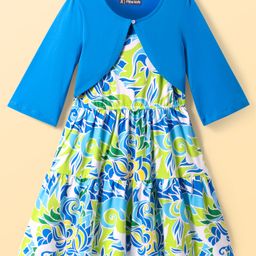 Pine Kids Cotton Knit Floral Printed Frock with Three Fourth Sleeves Shrug - Blue-image-27
