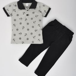 Kiwi Cotton Half Sleeves Anchor Printed Polo Tee & Denim Jeans Set - Grey & Black-image-7
