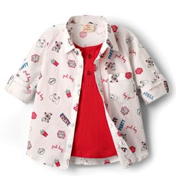 Rikidoos Full Sleeves Doodle Art Printed Shirt With Attached Tee - White & Red-image-4