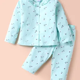 Smarty Girls 100% Cotton Knit Full Sleeves Frill Detail Neck Night Suit With Floral Print - Aqua Blue-picture-35