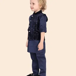 little desi Velvet Full Sleeves Solid Kurta & Pyjama With Textured Foil Printed Jacket - Navy Blue-picture-36