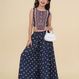 Bitiya By Bhama Cotton Woven Sleeveless Floral Embroidered Mirror Work Detailed Top & Abstract Printed Palazzo Set - Blue-image-89