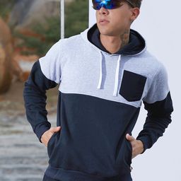 Campus Sutra Men Blue Colourblocked Long Sleeves CottonHooded Sweatshirt-image-94