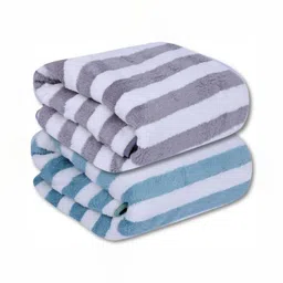 Fezora Grey & White 2 Pieces Striped Microfiber 400 GSM Super Absorbent Bath Towels-picture-13