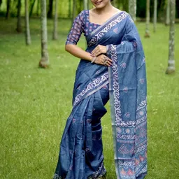 KALINI Dhanwari Block Print Saree With Matching Blouse Piece-picture-40