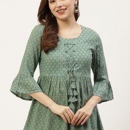 KBZ Green & White Ethnic Motifs Print Top-7