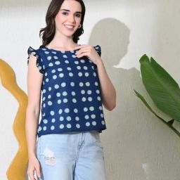 DECKEDUP Indigo Cotton Polka Dot Sleeveless Top-image-33