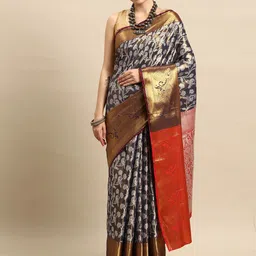 Silk Land Floral Printed Brocade Banarasi Saree-picture-24