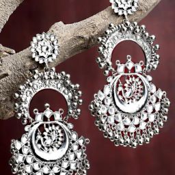 Karatcart Oxidized Silver Peacock Design Handcrafted Kundan Dangler Earrings for Women-9