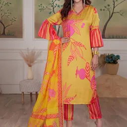 BulBul Women Floral Printed Chanderi Cotton Kurta with Palazzos & With Dupatta-9