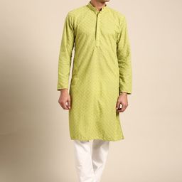 RAJUBHAI HARGOVINDAS Men Lime Green Chikankari Kurta-image-92