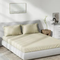 DDecor Solid Beige 180 TC Cotton King Fitted Bed Sheet With 2 Pillow Covers-picture-37
