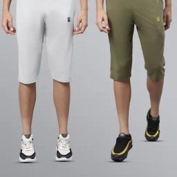 Vimal Jonney Light Grey & Olive Regular Fit Lounge Capris- Pack of 2-image-16