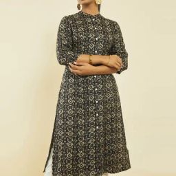 Soch Black Rayon Ikat Print Straight Kurta with Front Button-Placket-picture-0