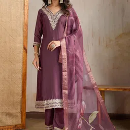 Inddus Ethnic Motifs Embroidered Yoke Design Thread Work Kurta With Trousers & Dupatta-picture-34