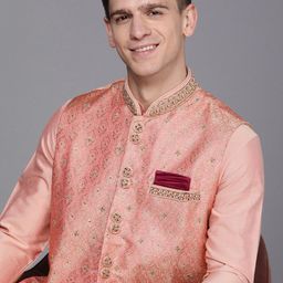 Manyavar Men Peach-Coloured Ethnic Motifs Beads &Stones Kurta &Churidar with Nehru Jacket-26