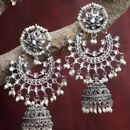 Karatcart Oxidized Silver Handcrafted Kundan Jhumki Earrings for Women-8
